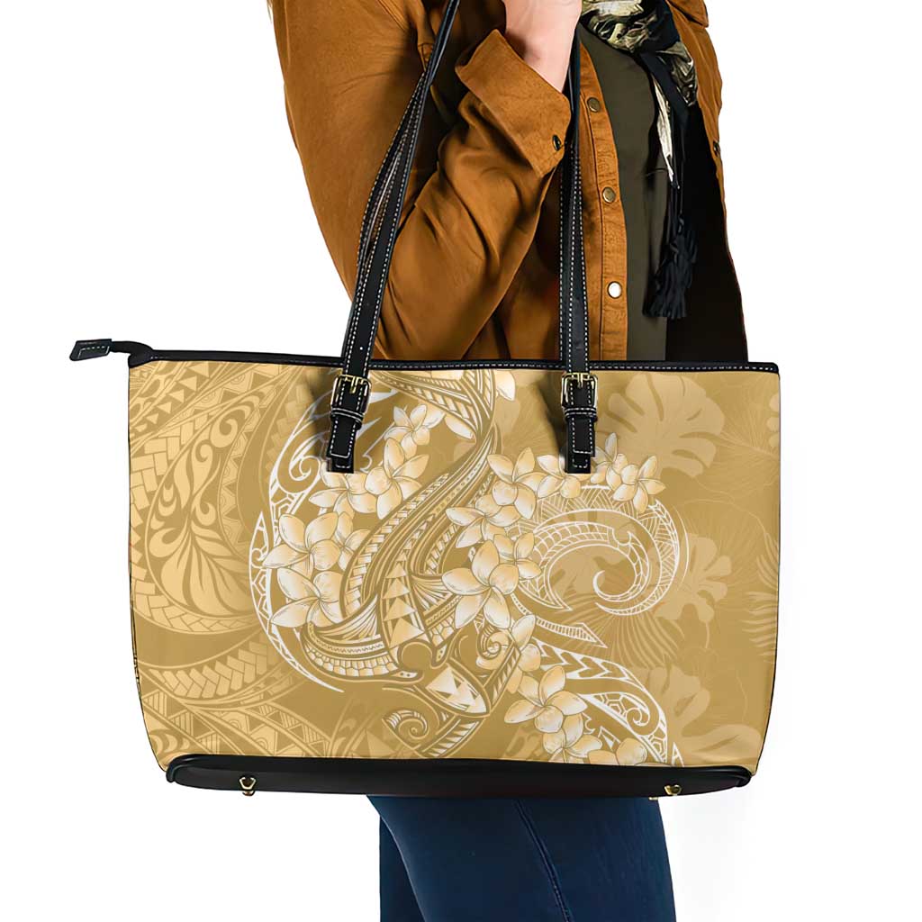 Yellow Polynesia Hammerhead Shark Tattoo With Plumeria Lei Leather Tote Bag
