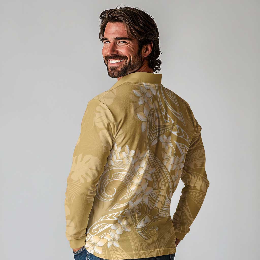 Yellow Polynesia Hammerhead Shark Tattoo With Plumeria Lei Long Sleeve Polo Shirt