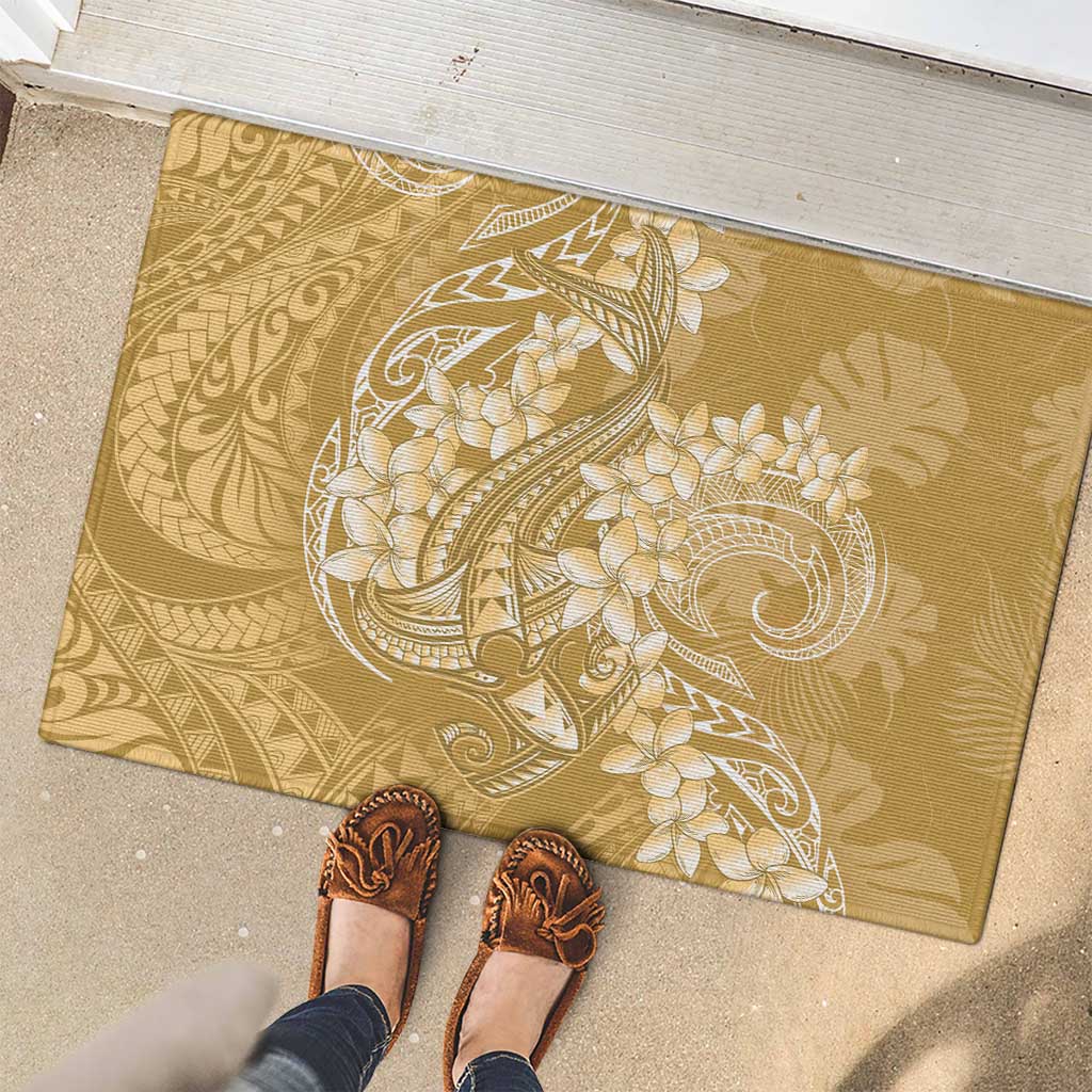 Yellow Polynesia Hammerhead Shark Tattoo With Plumeria Lei Rubber Doormat