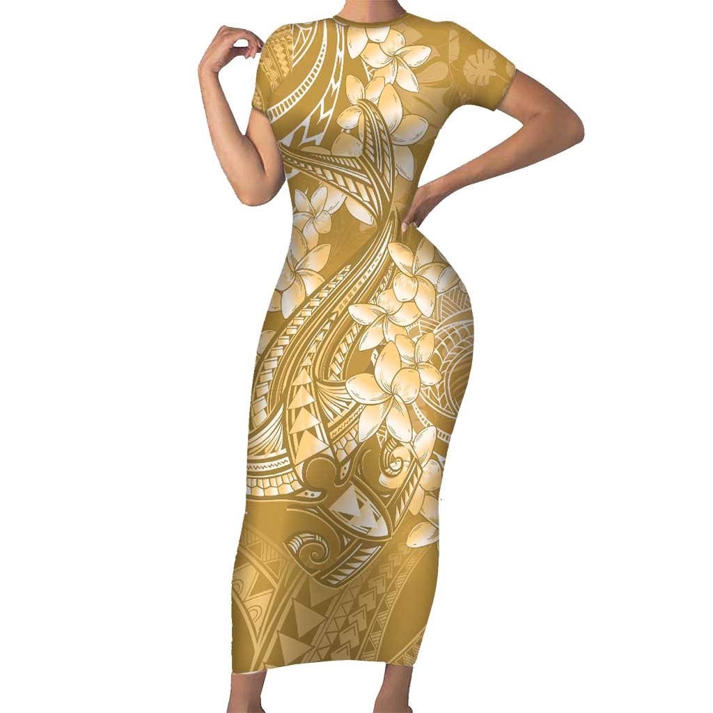 Yellow Polynesia Hammerhead Shark Tattoo With Plumeria Lei Short Sleeve Bodycon Dress