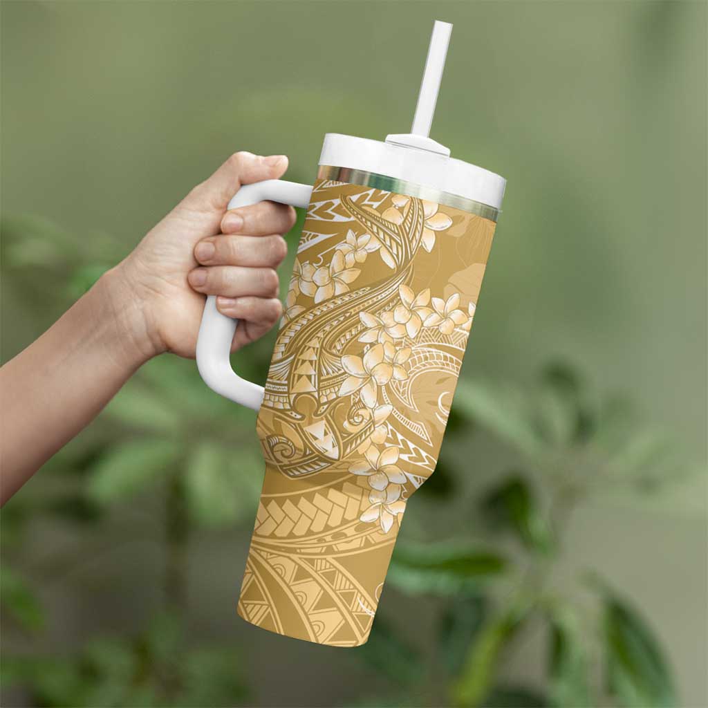 Yellow Polynesia Hammerhead Shark Tattoo With Plumeria Lei Tumbler With Handle