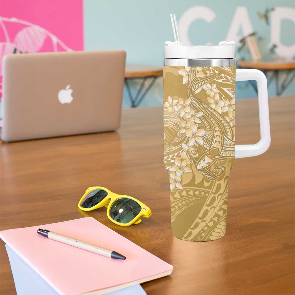 Yellow Polynesia Hammerhead Shark Tattoo With Plumeria Lei Tumbler With Handle