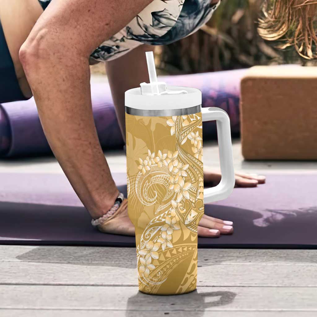 Yellow Polynesia Hammerhead Shark Tattoo With Plumeria Lei Tumbler With Handle