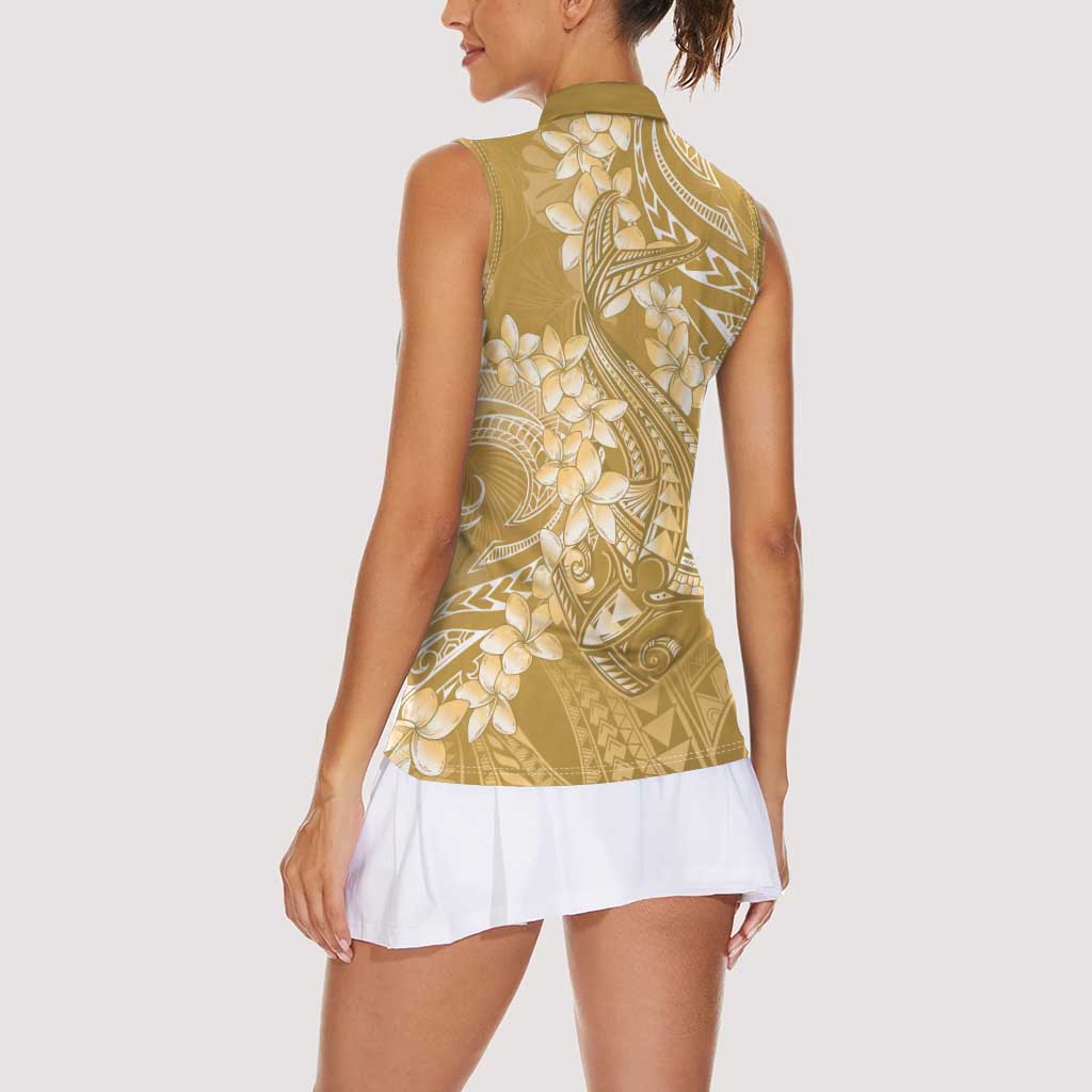 Yellow Polynesia Hammerhead Shark Tattoo With Plumeria Lei Women Sleeveless Polo Shirt