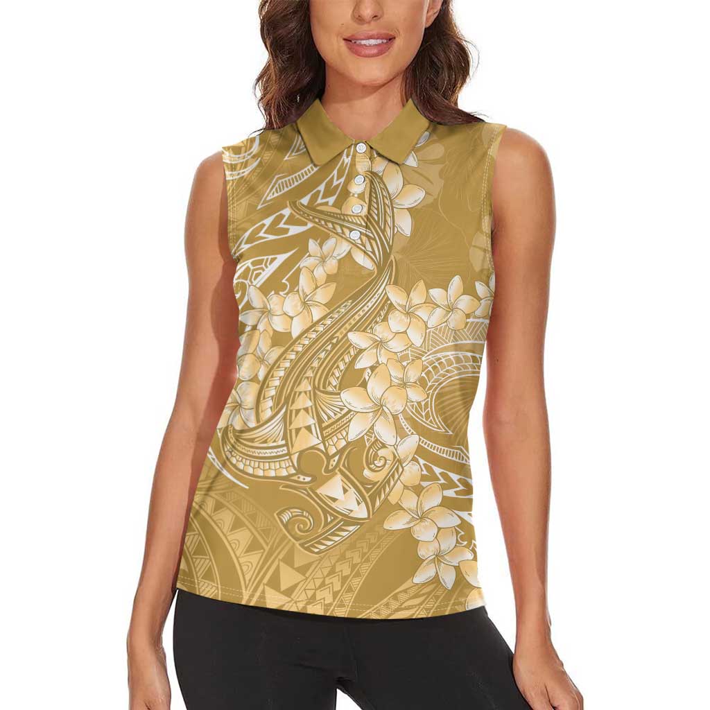 Yellow Polynesia Hammerhead Shark Tattoo With Plumeria Lei Women Sleeveless Polo Shirt