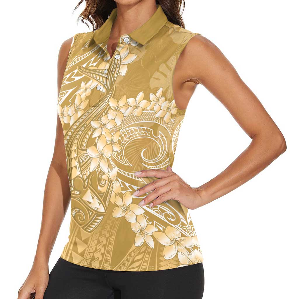 Yellow Polynesia Hammerhead Shark Tattoo With Plumeria Lei Women Sleeveless Polo Shirt
