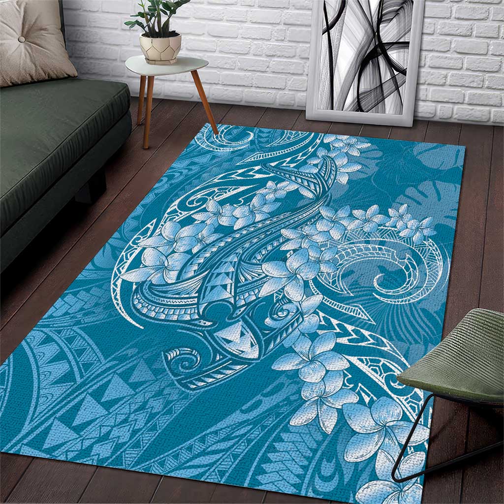 Blue Polynesia Hammerhead Shark Tattoo With Plumeria Lei Area Rug LT14 Blue - Polynesian Pride