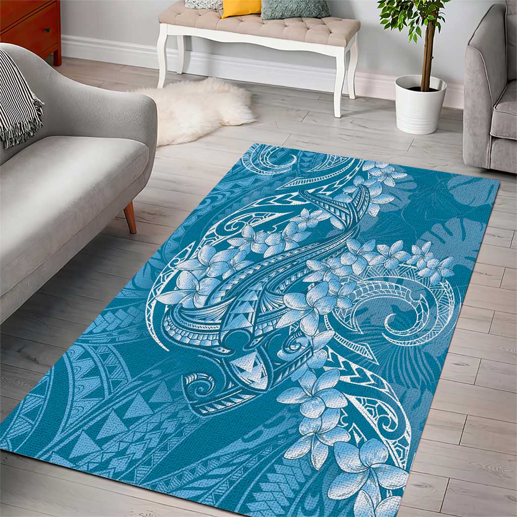Blue Polynesia Hammerhead Shark Tattoo With Plumeria Lei Area Rug LT14 - Polynesian Pride