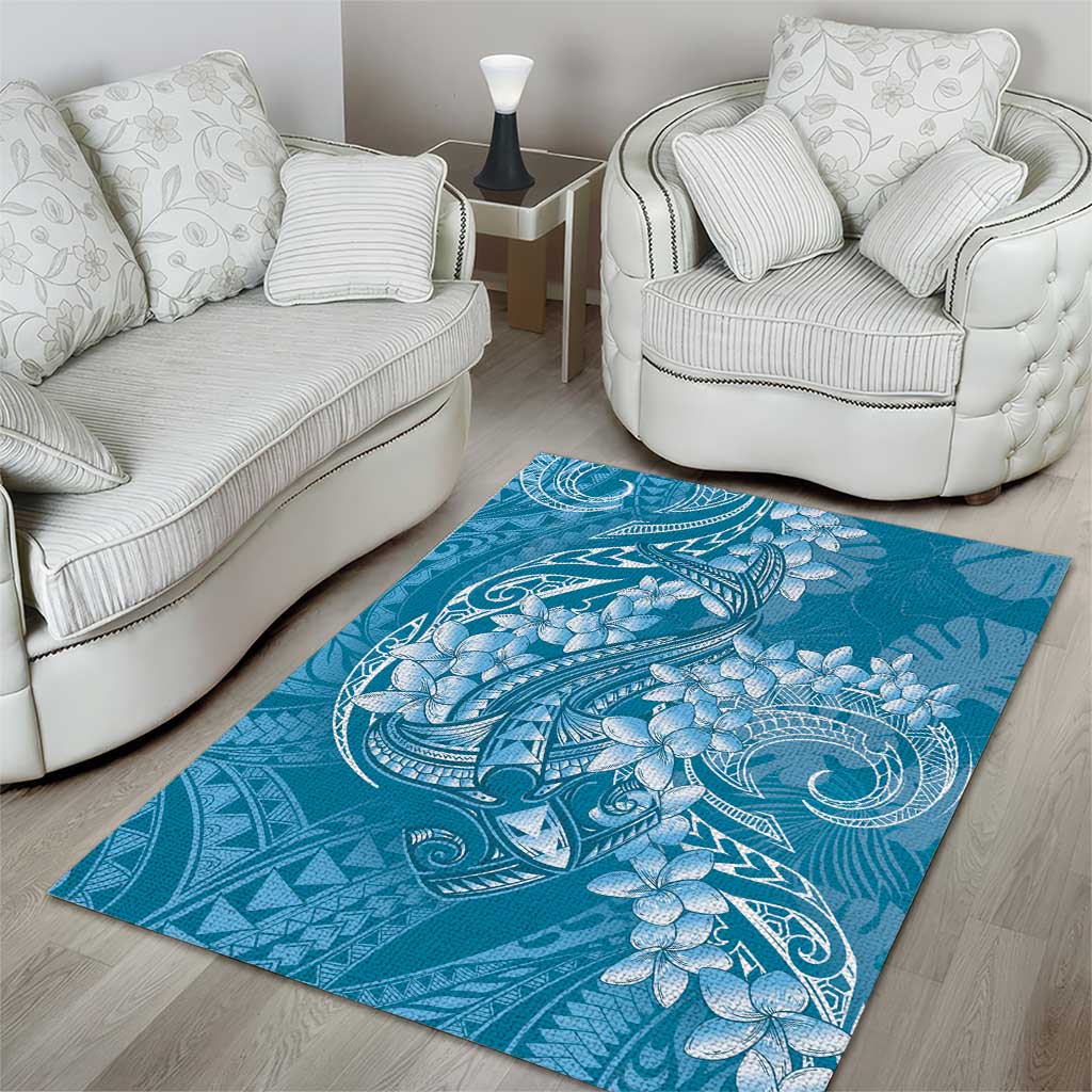 Blue Polynesia Hammerhead Shark Tattoo With Plumeria Lei Area Rug LT14 - Polynesian Pride