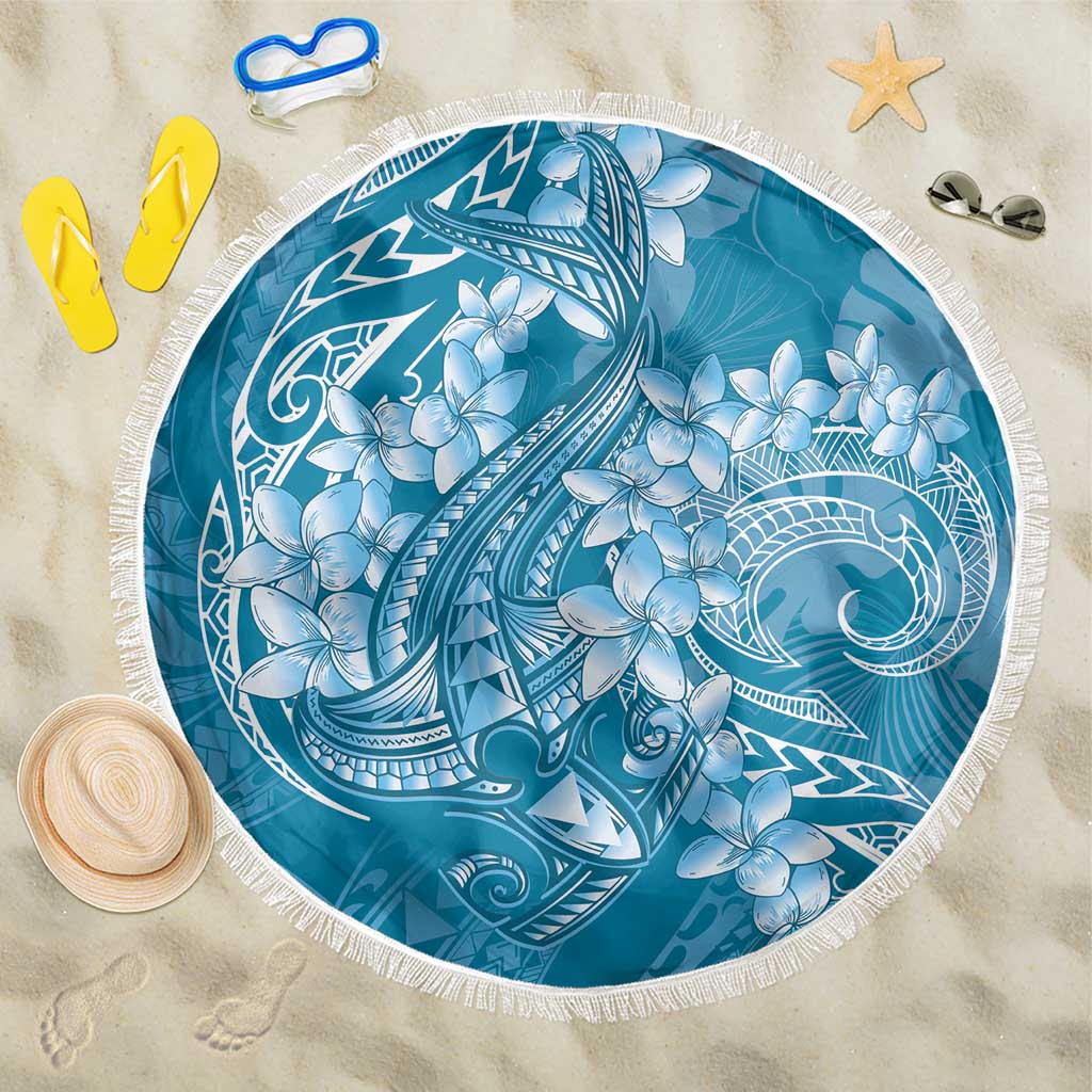Blue Polynesia Hammerhead Shark Tattoo With Plumeria Lei Beach Blanket