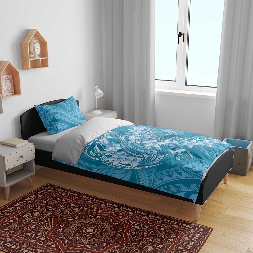 Blue Polynesia Hammerhead Shark Tattoo With Plumeria Lei Bedding Set