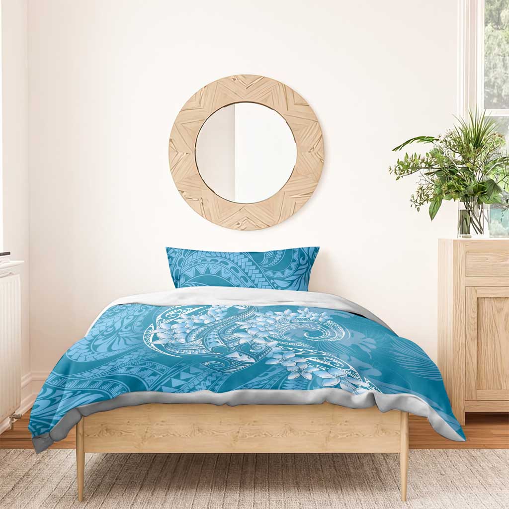 Blue Polynesia Hammerhead Shark Tattoo With Plumeria Lei Bedding Set
