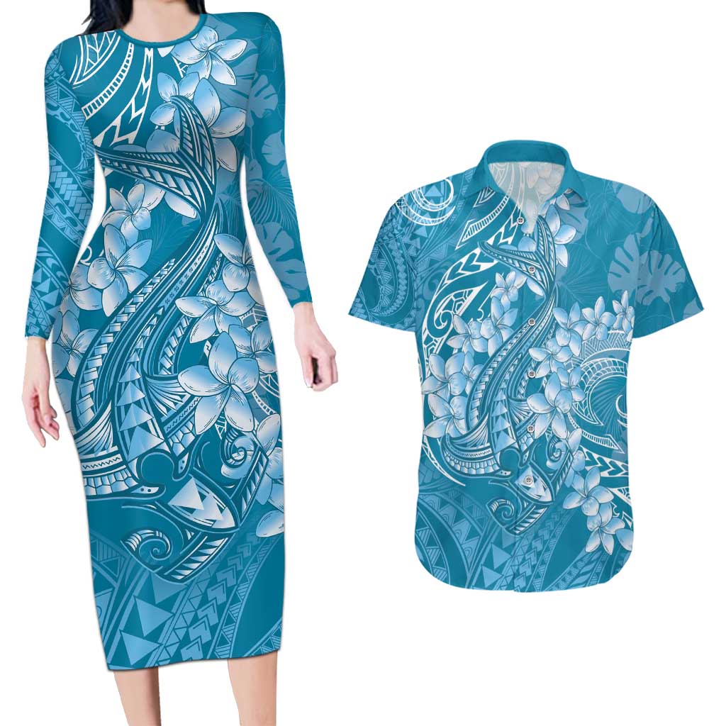 Blue Polynesia Hammerhead Shark Tattoo With Plumeria Lei Couples Matching Long Sleeve Bodycon Dress and Hawaiian Shirt LT14 Blue - Polynesian Pride