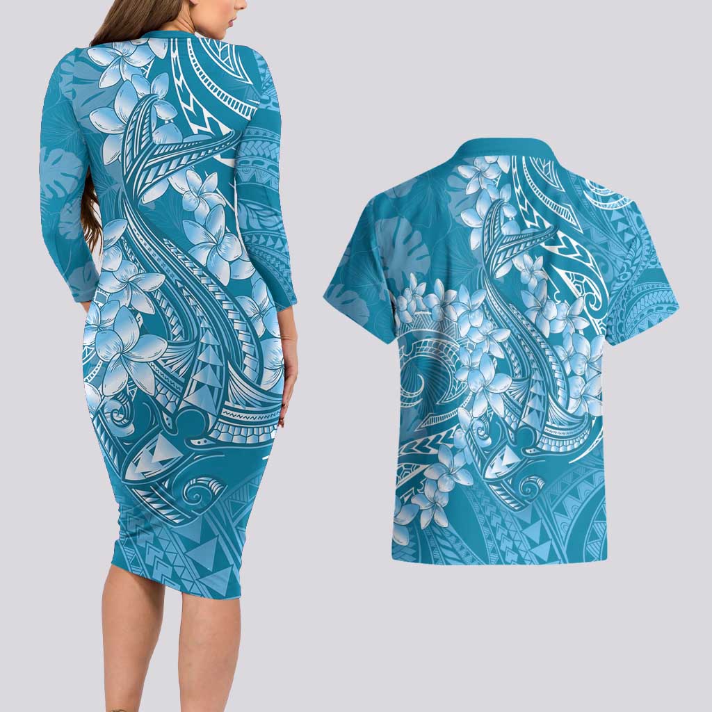 Blue Polynesia Hammerhead Shark Tattoo With Plumeria Lei Couples Matching Long Sleeve Bodycon Dress and Hawaiian Shirt LT14 - Polynesian Pride
