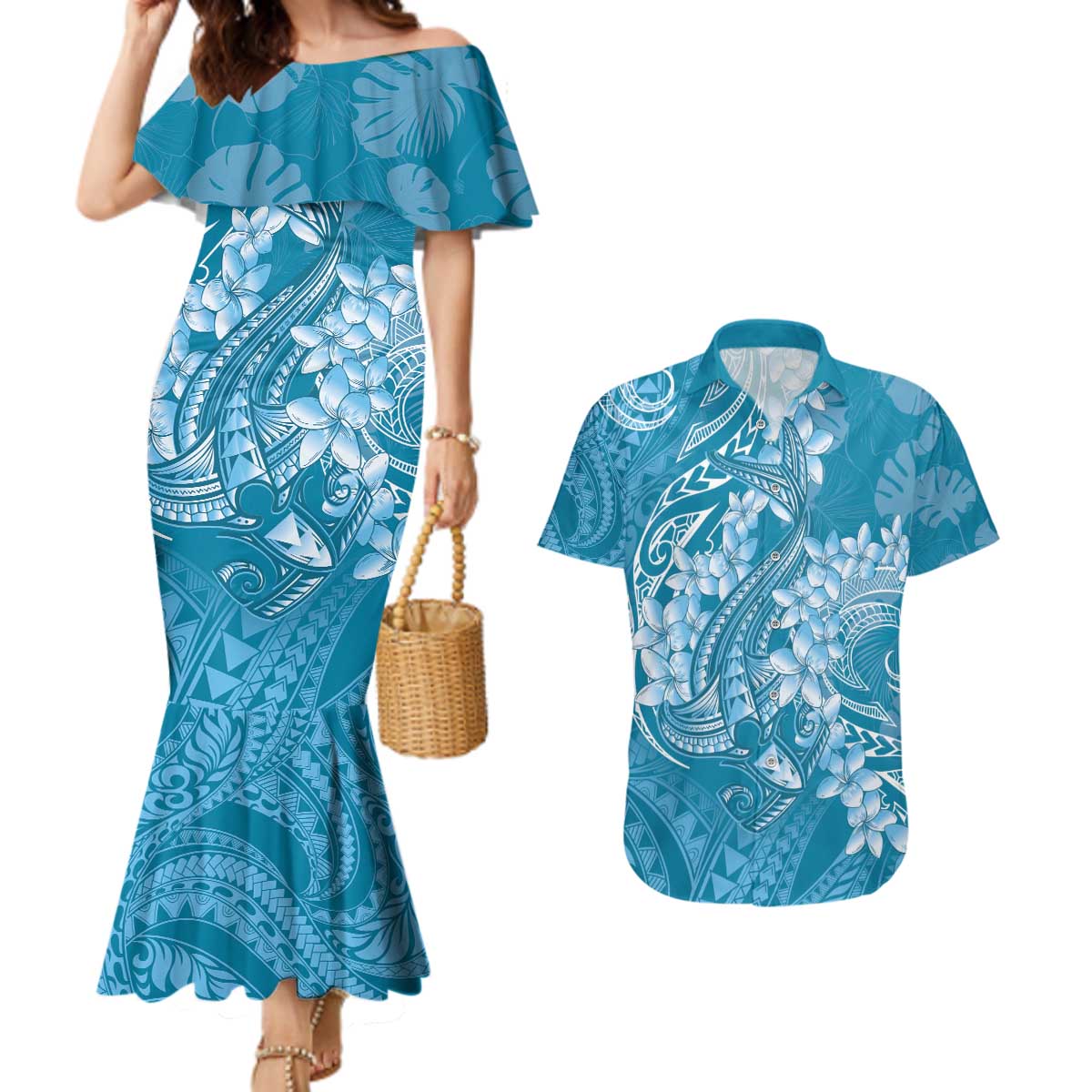 Blue Polynesia Hammerhead Shark Tattoo With Plumeria Lei Couples Matching Mermaid Dress and Hawaiian Shirt LT14 Blue - Polynesian Pride