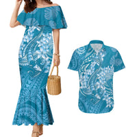 Blue Polynesia Hammerhead Shark Tattoo With Plumeria Lei Couples Matching Mermaid Dress and Hawaiian Shirt LT14 Blue - Polynesian Pride