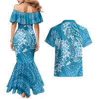 Blue Polynesia Hammerhead Shark Tattoo With Plumeria Lei Couples Matching Mermaid Dress and Hawaiian Shirt LT14 - Polynesian Pride