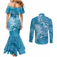 Blue Polynesia Hammerhead Shark Tattoo With Plumeria Lei Couples Matching Mermaid Dress and Long Sleeve Button Shirt