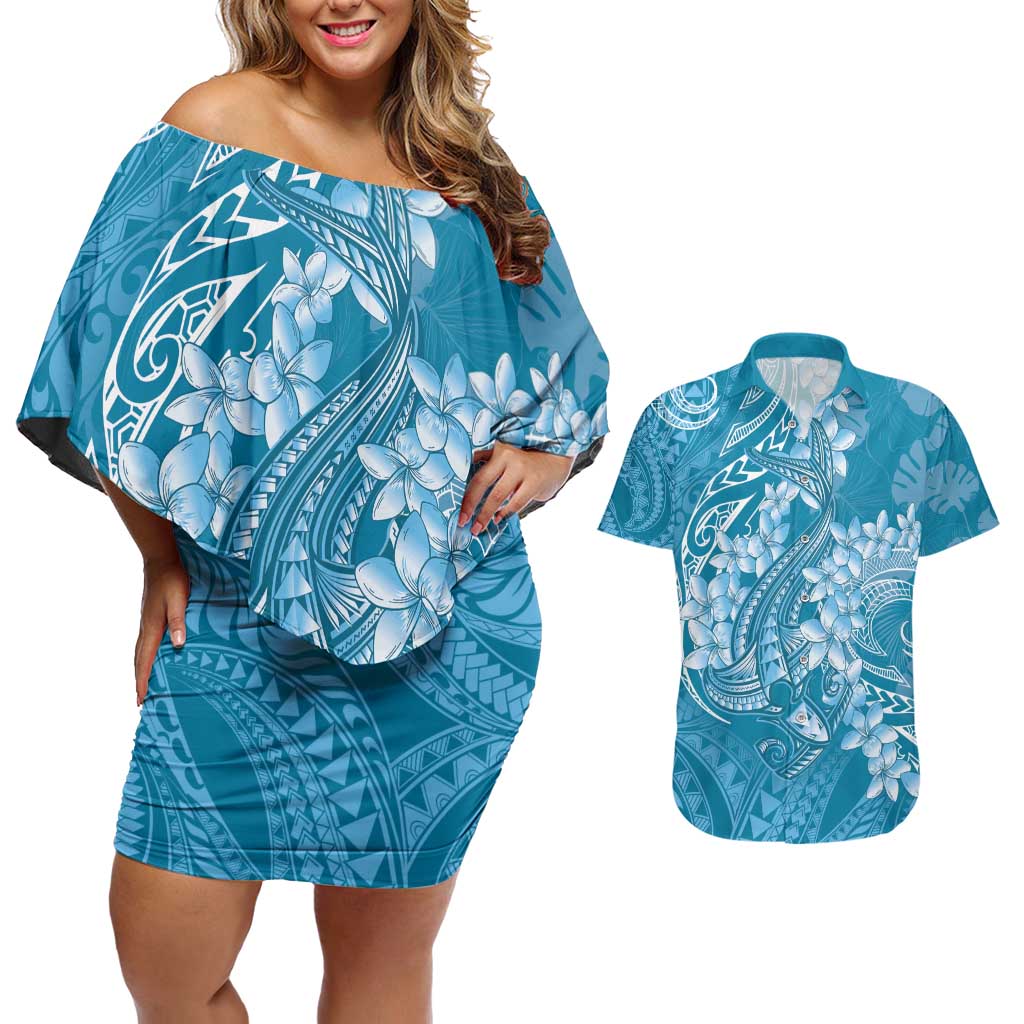 Blue Polynesia Hammerhead Shark Tattoo With Plumeria Lei Couples Matching Off Shoulder Short Dress and Hawaiian Shirt LT14 Blue - Polynesian Pride