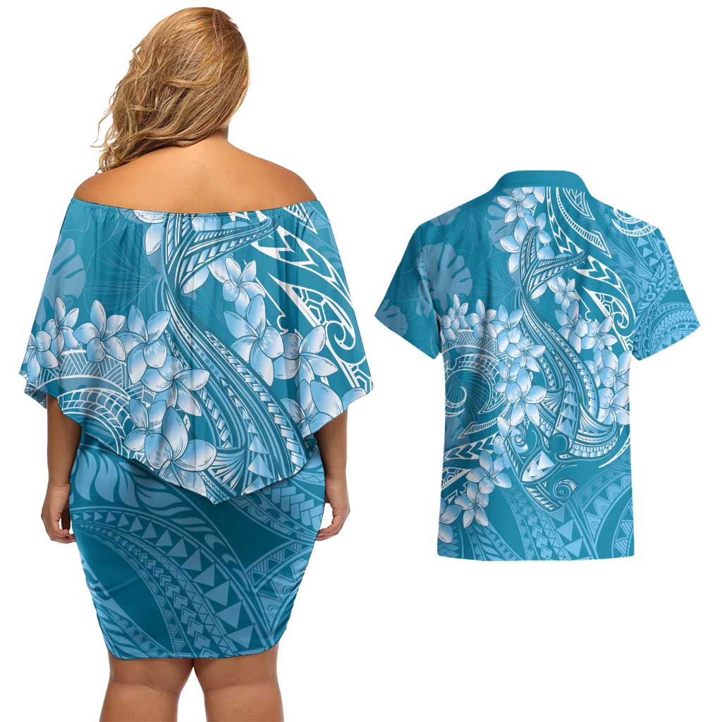 Blue Polynesia Hammerhead Shark Tattoo With Plumeria Lei Couples Matching Off Shoulder Short Dress and Hawaiian Shirt LT14 - Polynesian Pride