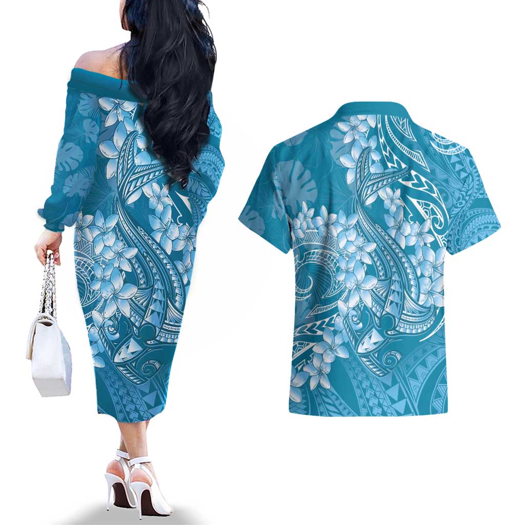 Blue Polynesia Hammerhead Shark Tattoo With Plumeria Lei Couples Matching Off The Shoulder Long Sleeve Dress and Hawaiian Shirt LT14 - Polynesian Pride