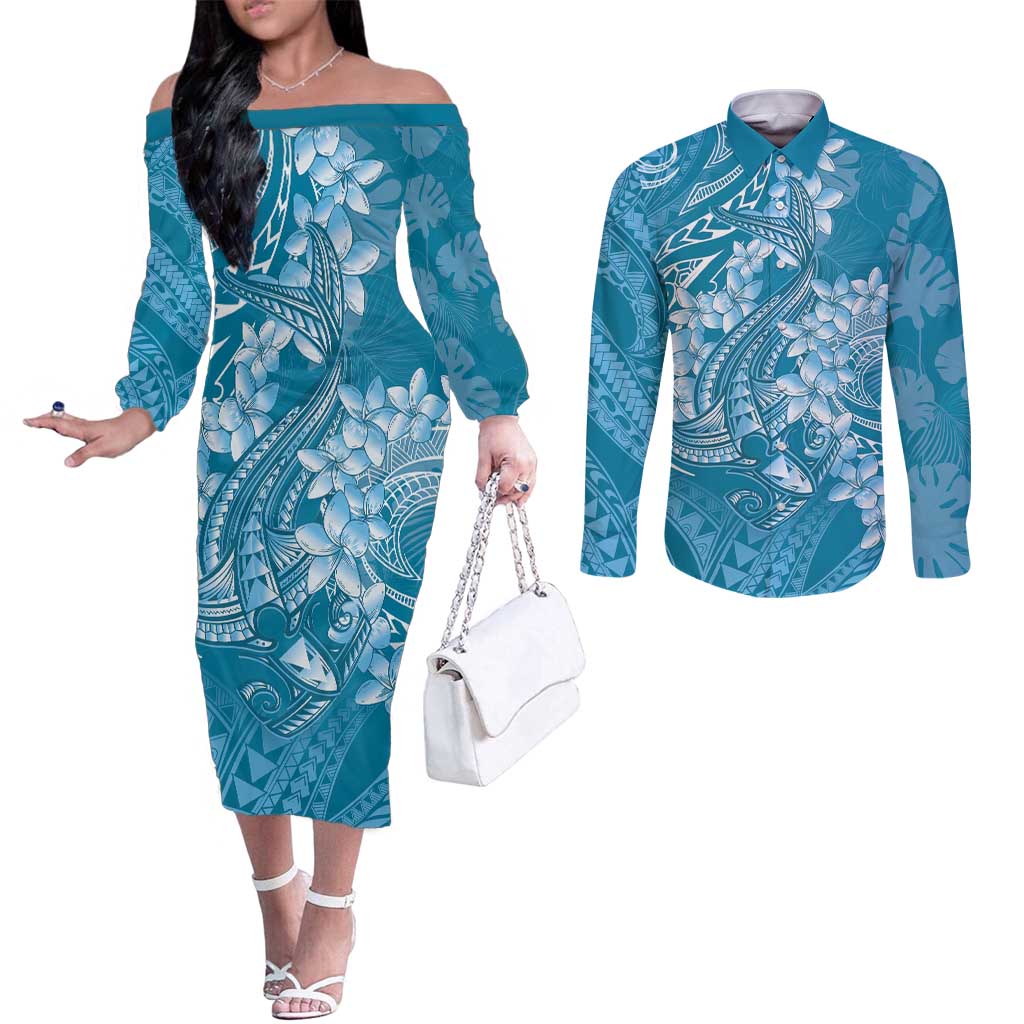 Blue Polynesia Hammerhead Shark Tattoo With Plumeria Lei Couples Matching Off The Shoulder Long Sleeve Dress and Long Sleeve Button Shirt