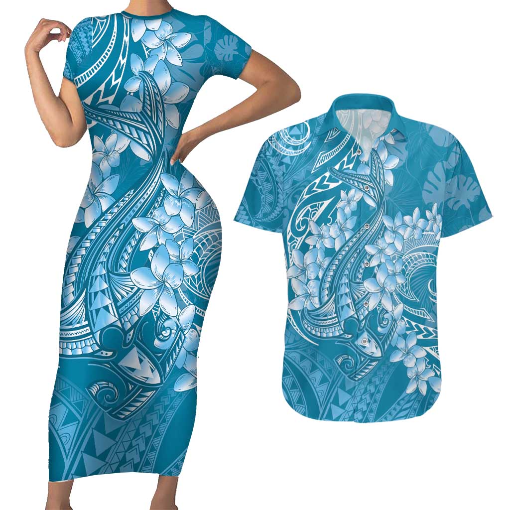 Blue Polynesia Hammerhead Shark Tattoo With Plumeria Lei Couples Matching Short Sleeve Bodycon Dress and Hawaiian Shirt LT14 Blue - Polynesian Pride