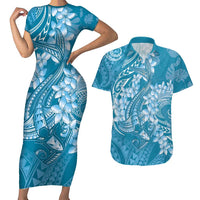 Blue Polynesia Hammerhead Shark Tattoo With Plumeria Lei Couples Matching Short Sleeve Bodycon Dress and Hawaiian Shirt LT14 Blue - Polynesian Pride