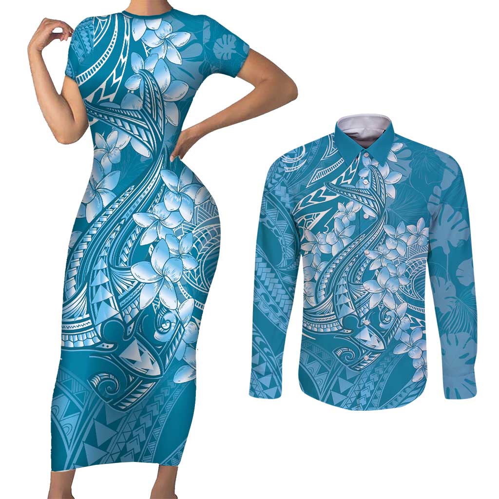 Blue Polynesia Hammerhead Shark Tattoo With Plumeria Lei Couples Matching Short Sleeve Bodycon Dress and Long Sleeve Button Shirt