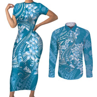 Blue Polynesia Hammerhead Shark Tattoo With Plumeria Lei Couples Matching Short Sleeve Bodycon Dress and Long Sleeve Button Shirt LT14 Blue - Polynesian Pride