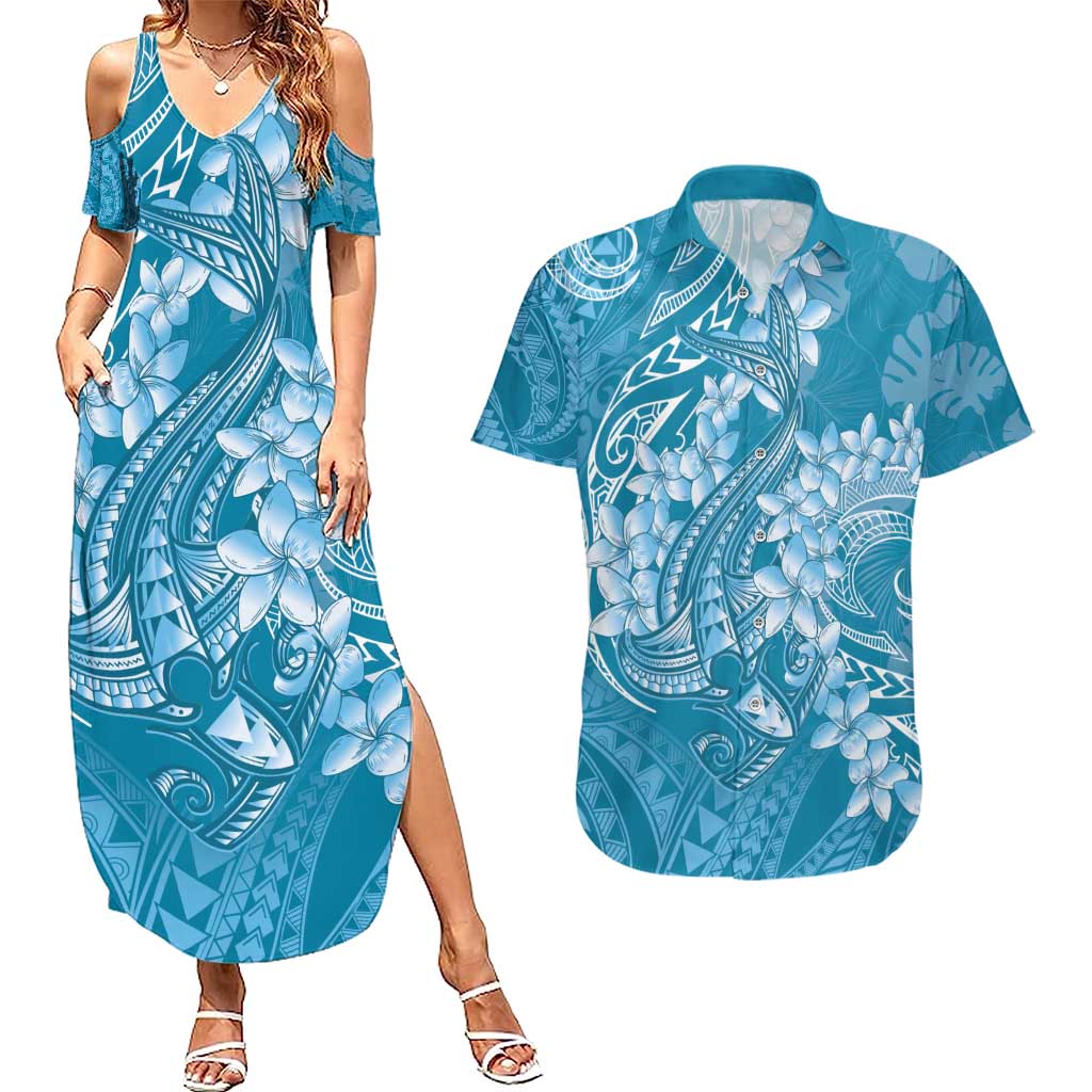Blue Polynesia Hammerhead Shark Tattoo With Plumeria Lei Couples Matching Summer Maxi Dress and Hawaiian Shirt LT14 Blue - Polynesian Pride
