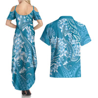 Blue Polynesia Hammerhead Shark Tattoo With Plumeria Lei Couples Matching Summer Maxi Dress and Hawaiian Shirt LT14 - Polynesian Pride