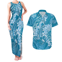 Blue Polynesia Hammerhead Shark Tattoo With Plumeria Lei Couples Matching Tank Maxi Dress and Hawaiian Shirt LT14 Blue - Polynesian Pride