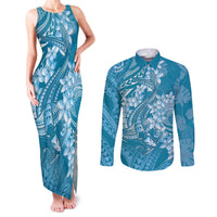 Blue Polynesia Hammerhead Shark Tattoo With Plumeria Lei Couples Matching Tank Maxi Dress and Long Sleeve Button Shirt