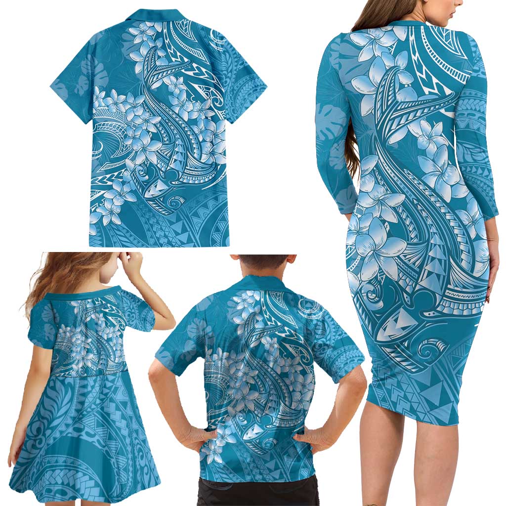 Blue Polynesia Hammerhead Shark Tattoo With Plumeria Lei Family Matching Long Sleeve Bodycon Dress and Hawaiian Shirt LT14 - Polynesian Pride