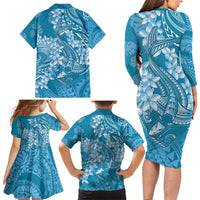 Blue Polynesia Hammerhead Shark Tattoo With Plumeria Lei Family Matching Long Sleeve Bodycon Dress and Hawaiian Shirt LT14 - Polynesian Pride