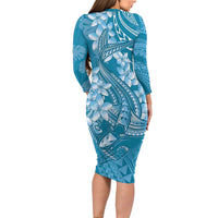 Blue Polynesia Hammerhead Shark Tattoo With Plumeria Lei Family Matching Long Sleeve Bodycon Dress and Hawaiian Shirt LT14 - Polynesian Pride