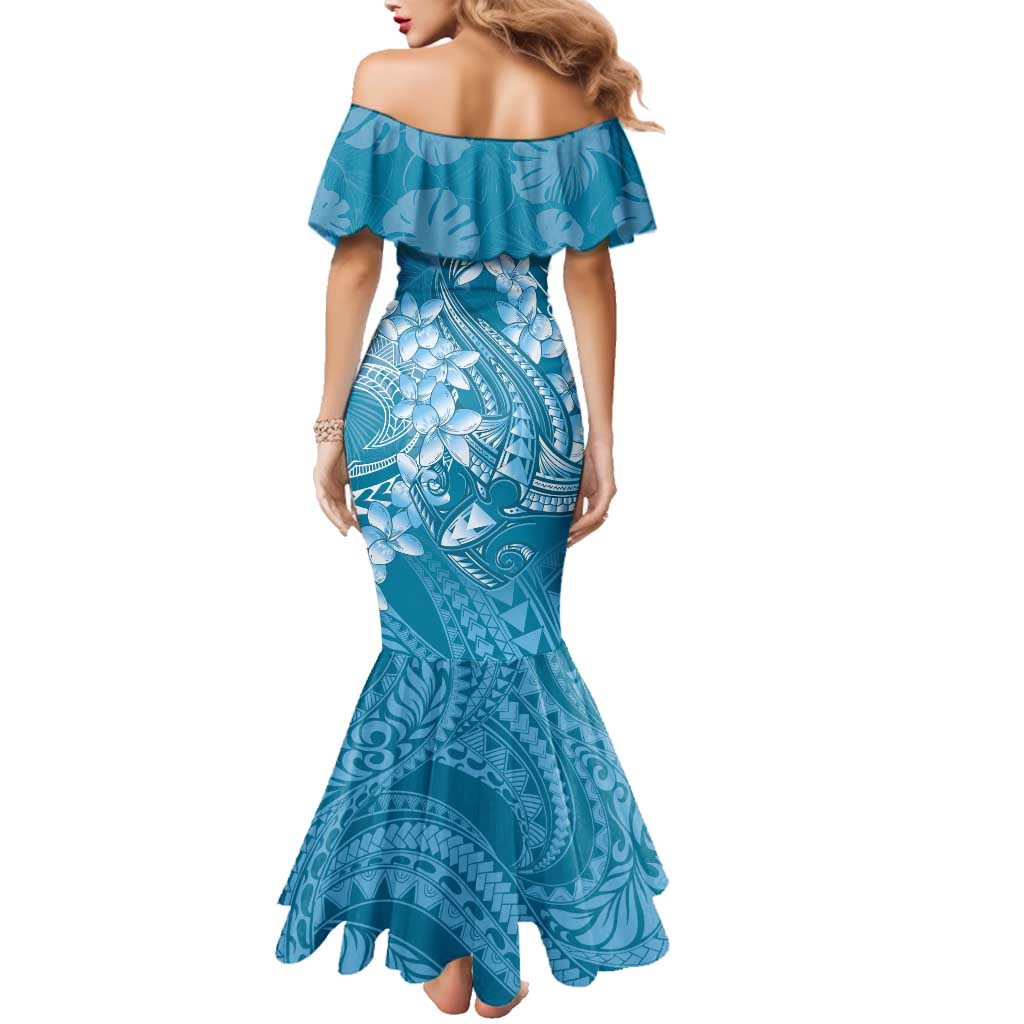 Blue Polynesia Hammerhead Shark Tattoo With Plumeria Lei Family Matching Mermaid Dress and Hawaiian Shirt LT14 - Polynesian Pride