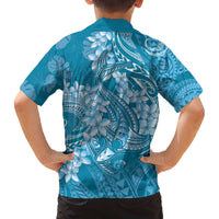 Blue Polynesia Hammerhead Shark Tattoo With Plumeria Lei Family Matching Off The Shoulder Long Sleeve Dress and Hawaiian Shirt LT14 - Polynesian Pride