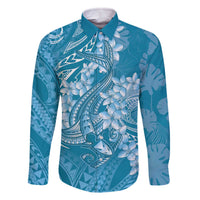 Blue Polynesia Hammerhead Shark Tattoo With Plumeria Lei Family Matching Off The Shoulder Long Sleeve Dress and Hawaiian Shirt LT14 Dad's Shirt - Long Sleeve Blue - Polynesian Pride