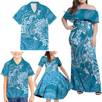 Blue Polynesia Hammerhead Shark Tattoo With Plumeria Lei Family Matching Off Shoulder Maxi Dress and Hawaiian Shirt LT14 - Polynesian Pride
