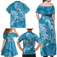 Blue Polynesia Hammerhead Shark Tattoo With Plumeria Lei Family Matching Off Shoulder Maxi Dress and Hawaiian Shirt LT14 - Polynesian Pride