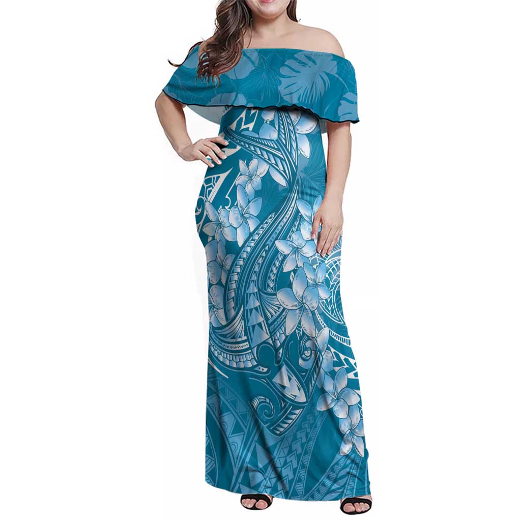 Blue Polynesia Hammerhead Shark Tattoo With Plumeria Lei Family Matching Off Shoulder Maxi Dress and Hawaiian Shirt LT14 Mom's Dress Blue - Polynesian Pride
