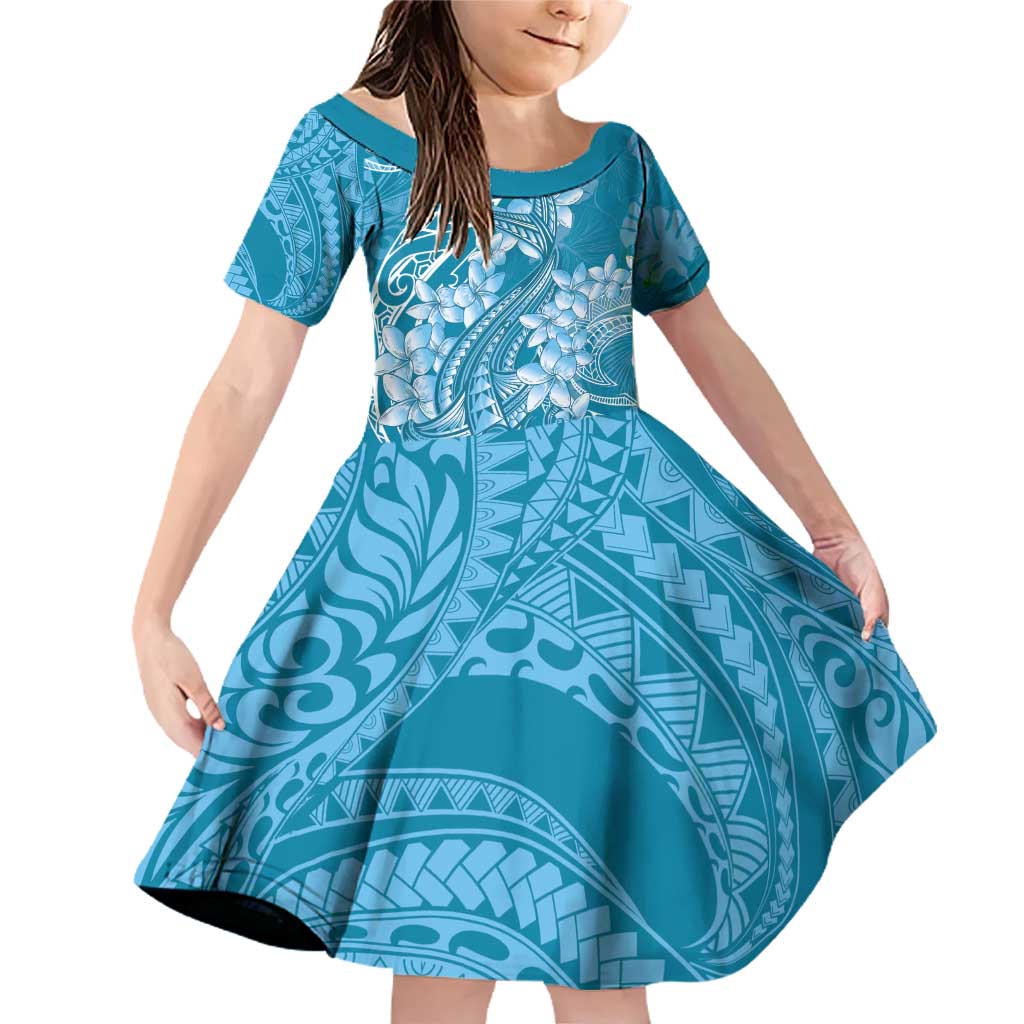 Blue Polynesia Hammerhead Shark Tattoo With Plumeria Lei Family Matching Off Shoulder Short Dress and Hawaiian Shirt LT14 Daughter's Dress Blue - Polynesian Pride