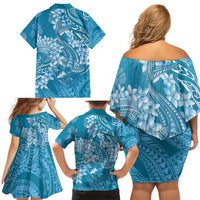 Blue Polynesia Hammerhead Shark Tattoo With Plumeria Lei Family Matching Off Shoulder Short Dress and Hawaiian Shirt LT14 - Polynesian Pride
