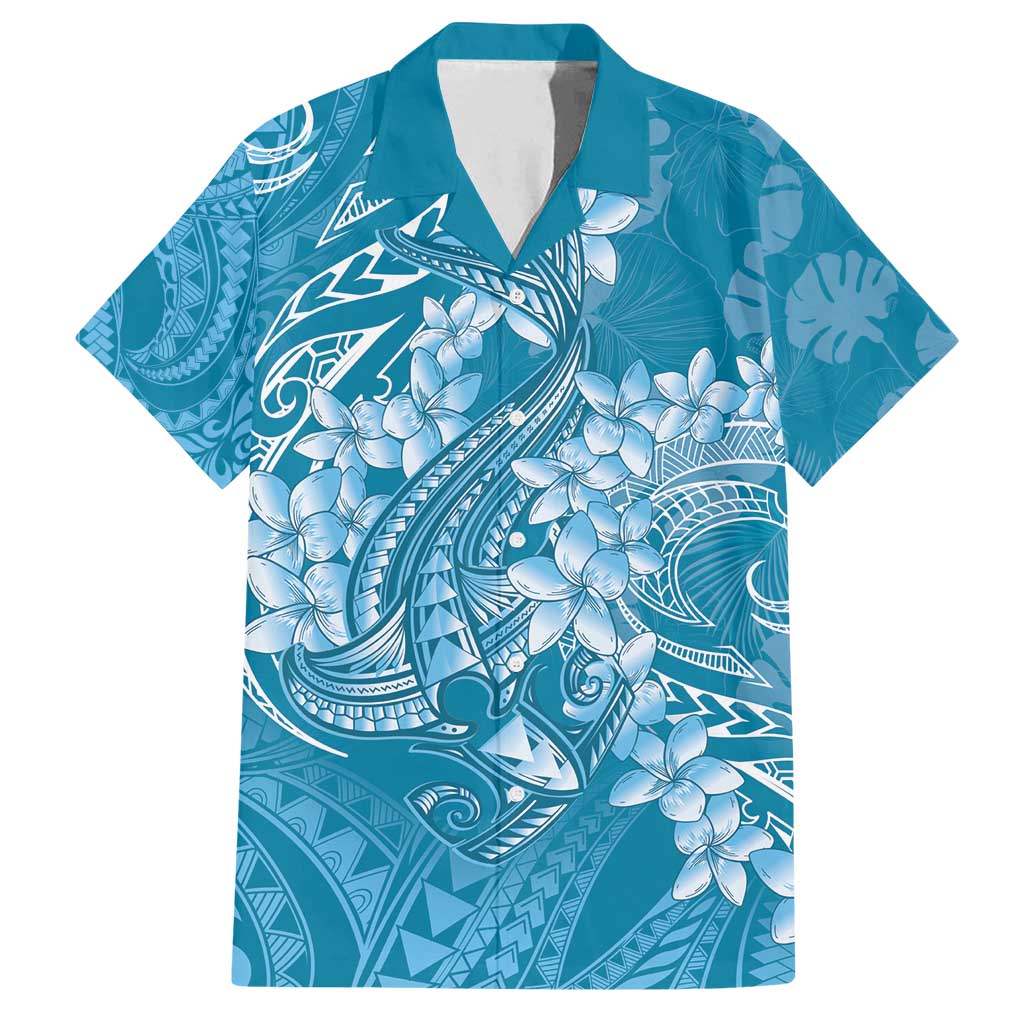 Blue Polynesia Hammerhead Shark Tattoo With Plumeria Lei Family Matching Off Shoulder Short Dress and Hawaiian Shirt LT14 Dad's Shirt - Short Sleeve Blue - Polynesian Pride