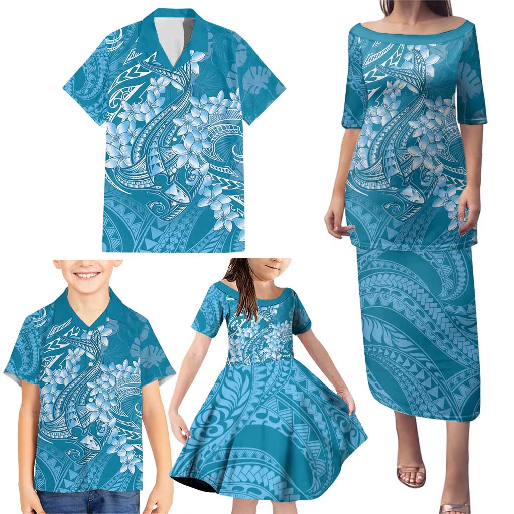 Blue Polynesia Hammerhead Shark Tattoo With Plumeria Lei Family Matching Puletasi and Hawaiian Shirt LT14 - Polynesian Pride