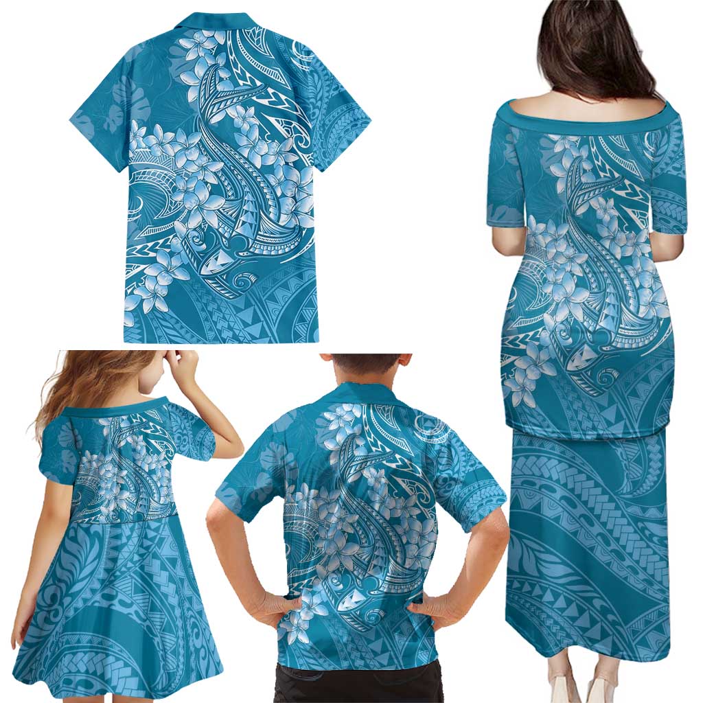 Blue Polynesia Hammerhead Shark Tattoo With Plumeria Lei Family Matching Puletasi and Hawaiian Shirt LT14 - Polynesian Pride