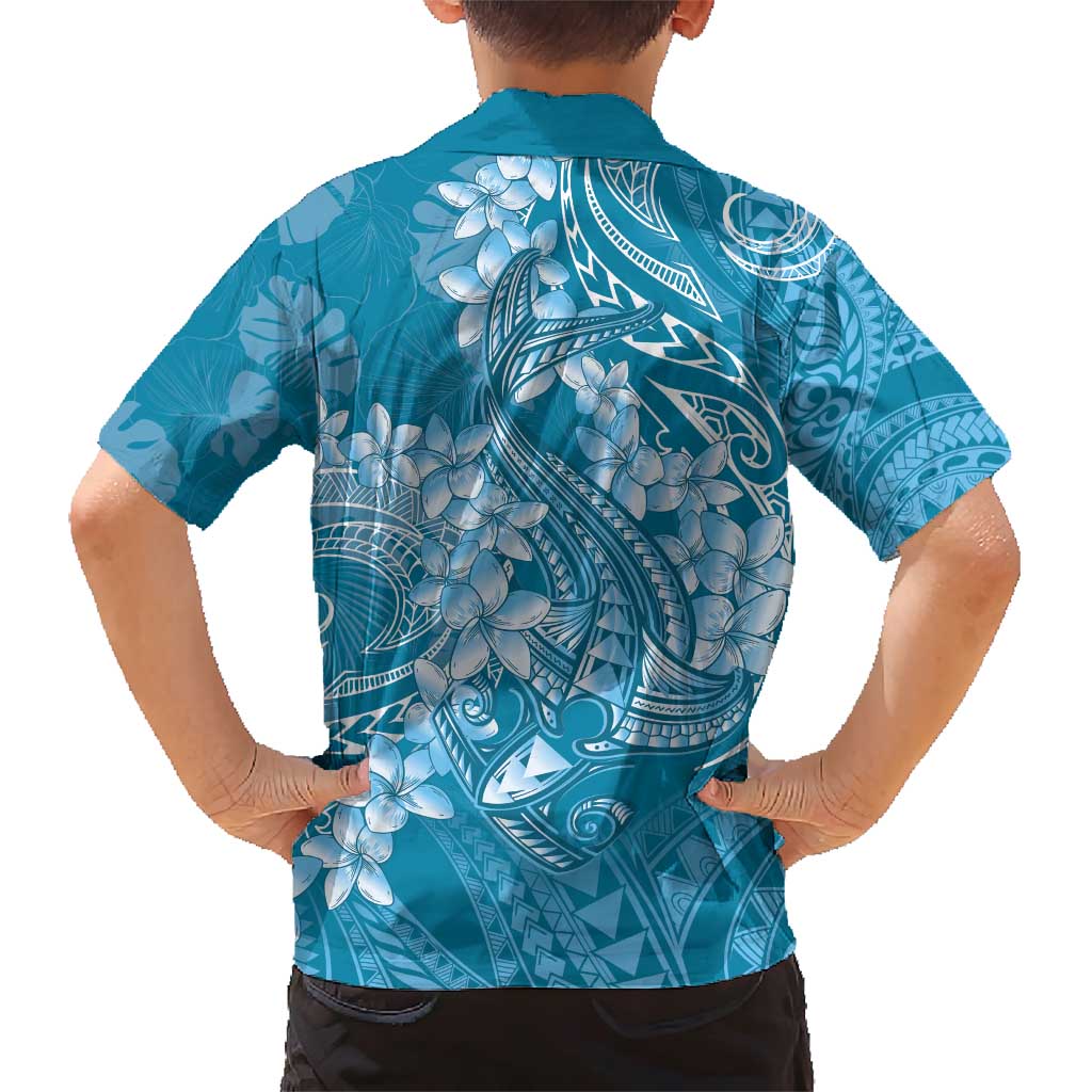Blue Polynesia Hammerhead Shark Tattoo With Plumeria Lei Family Matching Short Sleeve Bodycon Dress and Hawaiian Shirt LT14 - Polynesian Pride