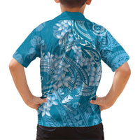 Blue Polynesia Hammerhead Shark Tattoo With Plumeria Lei Family Matching Short Sleeve Bodycon Dress and Hawaiian Shirt LT14 - Polynesian Pride